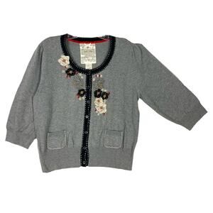 NWOT NICK & MO Cardigan XL Grey Floral-Applique Embroidery Stitch 3/4-Sl Btn-Up